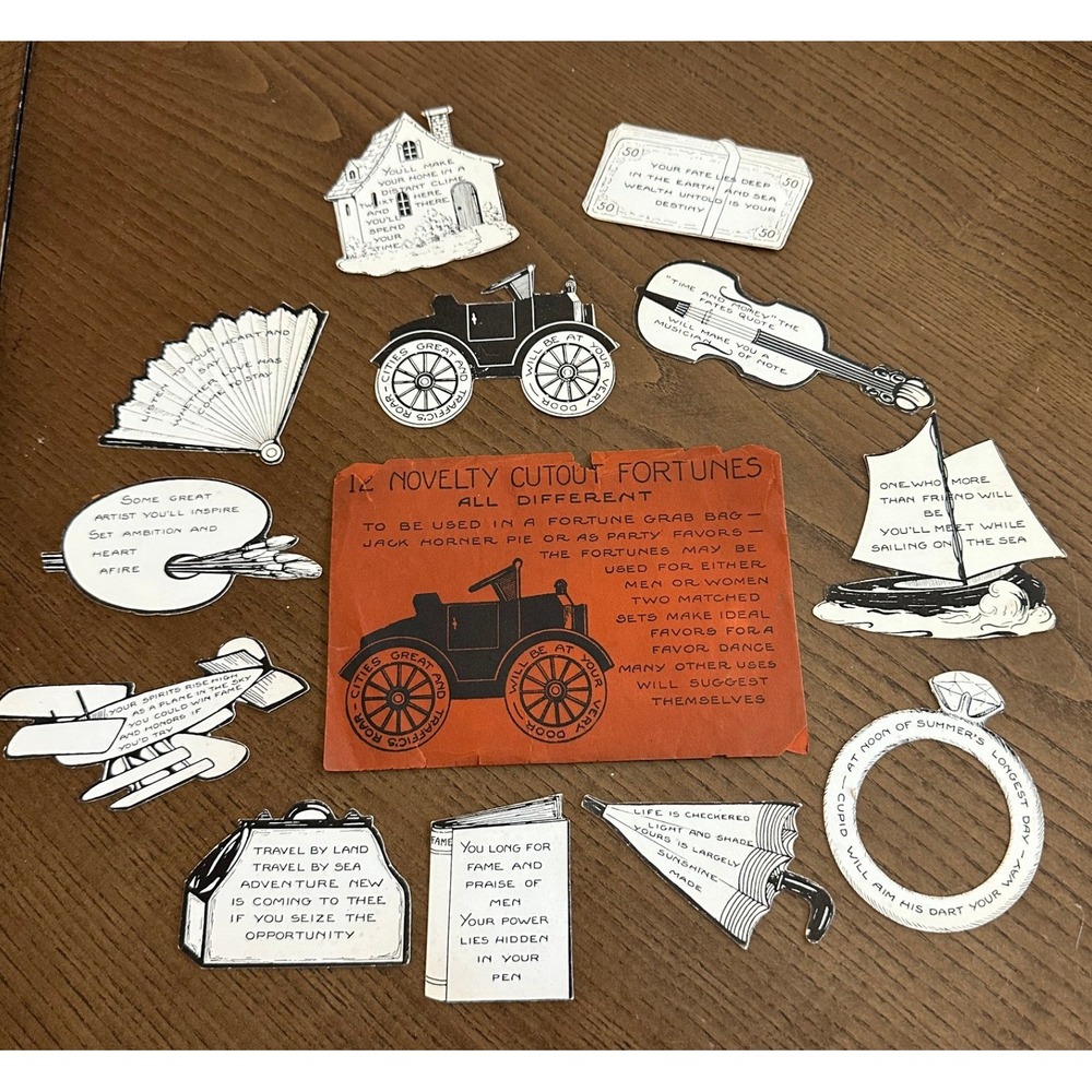 Antique Novelty Cutout Fortunes Set 12pc Paper Ephemera Halloween Favors